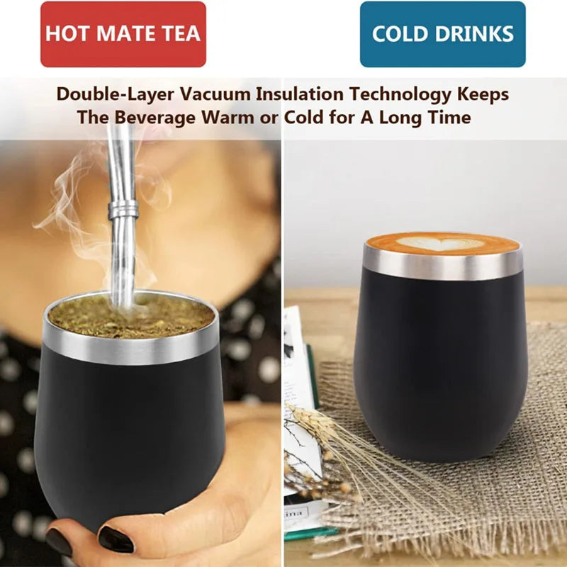 Juego de tazas para mate: vaso térmico de acero inoxidable con tapa y pajita, taza de mate de doble pared con cuchara para bebidas frías y calientes.