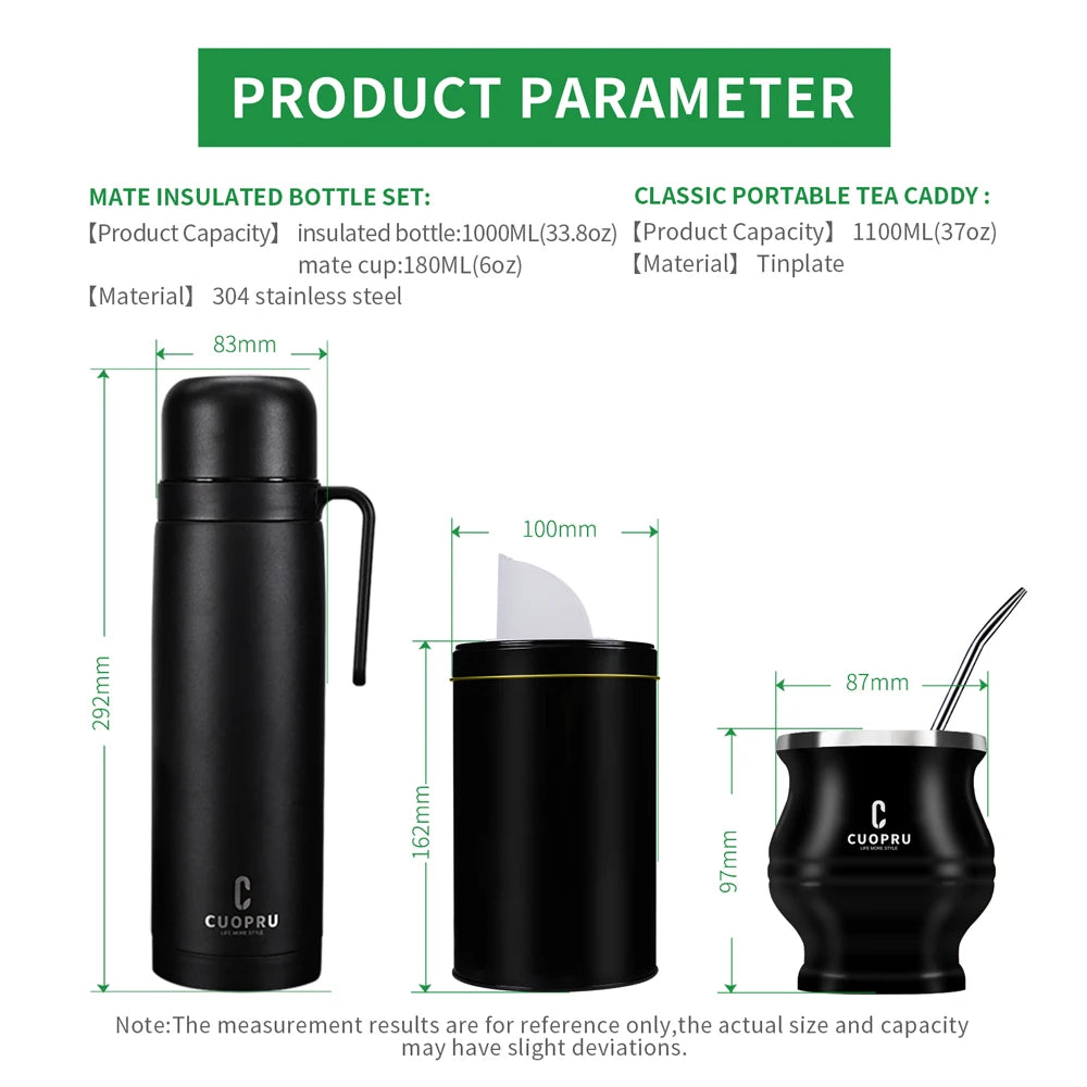 Kit completo de  mate negro: taza moderna de acero inoxidable para mate, termo, recipiente para yerba, juego de moldes para té, bombilla y pajita.