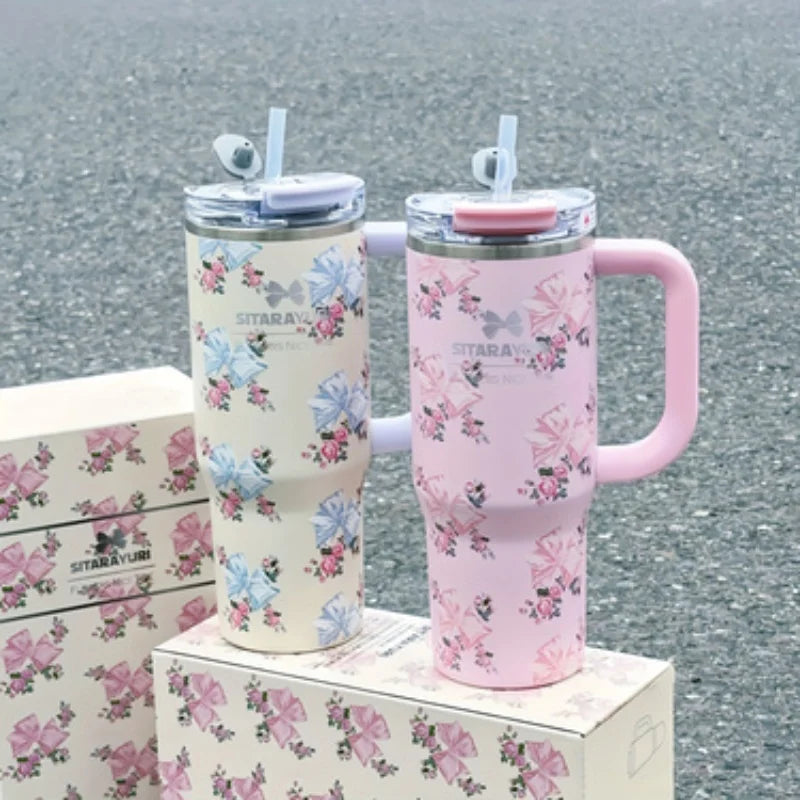 Vaso térmico de acero inoxidable con aislamiento al vacío de 900 ml con estampado floral y pajita, ideal para mantener las bebidas frías. Regalo de cumpleaños para mujeres.