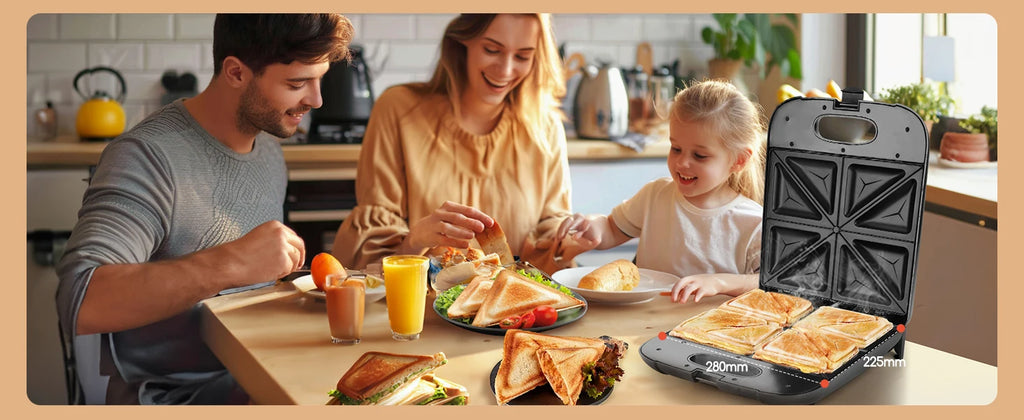 Sandwichera XXL para 4 sándwiches, revestimiento antiadherente, calentamiento rápido, indicador LED, libre de BPA, 1400 W