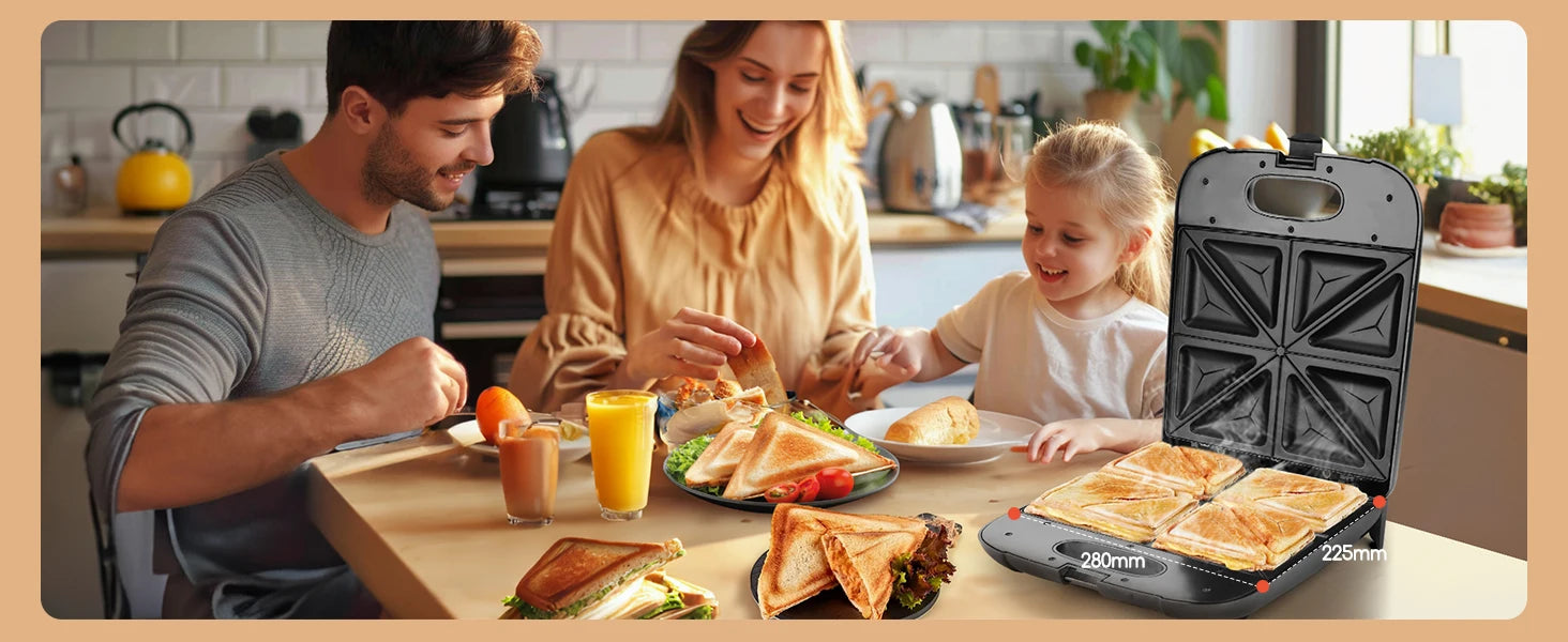 Sandwichera XXL para 4 sándwiches, revestimiento antiadherente, calentamiento rápido, indicador LED, libre de BPA, 1400 W