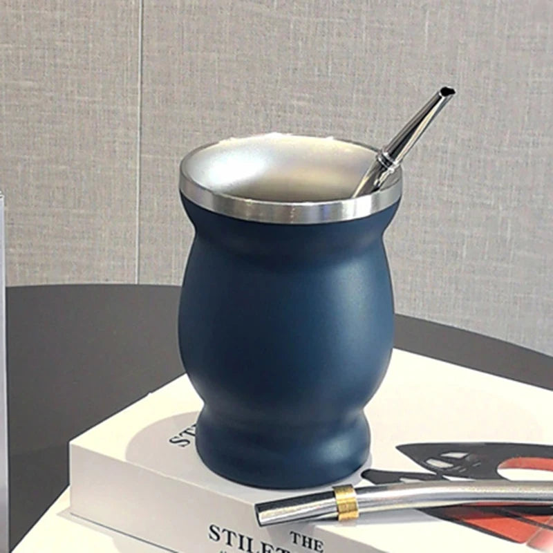 Mate de acero inoxidable 304 de doble pared de 237 ml (8 oz) con pajita, cuchara y cepillo de limpieza.