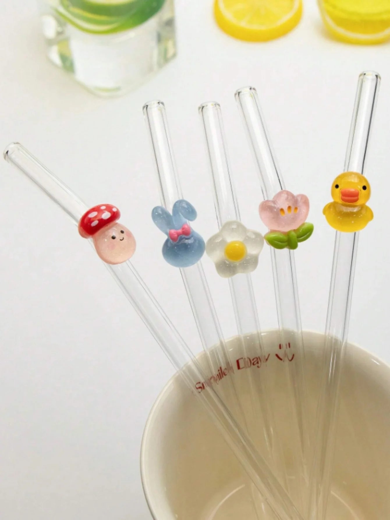 1/5 Pajitas de cristal con diseños de animales: seta, conejo y pato. Ideales para té de burbujas, café y cócteles. Un regalo perfecto para fiestas y ocasiones especiales.