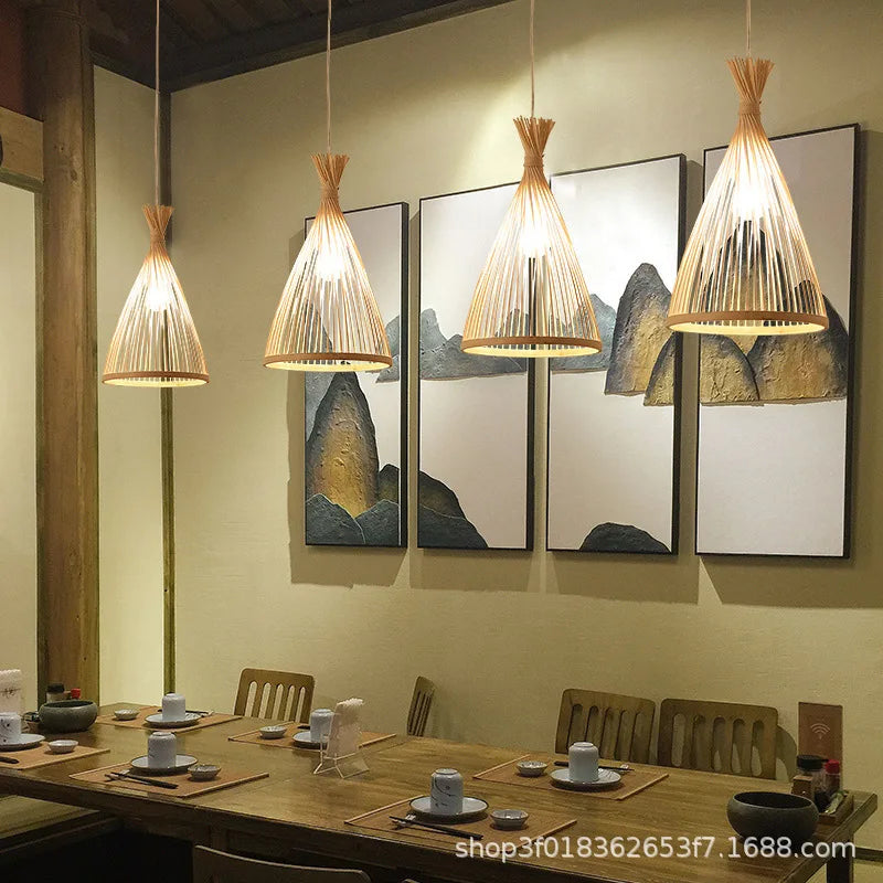 Lámpara colgante de bambú de última moda, luces de techo de ratán y mimbre, trenzado tejido a mano, suspendida, para el hogar y el comedor, decoración interior trenzada.