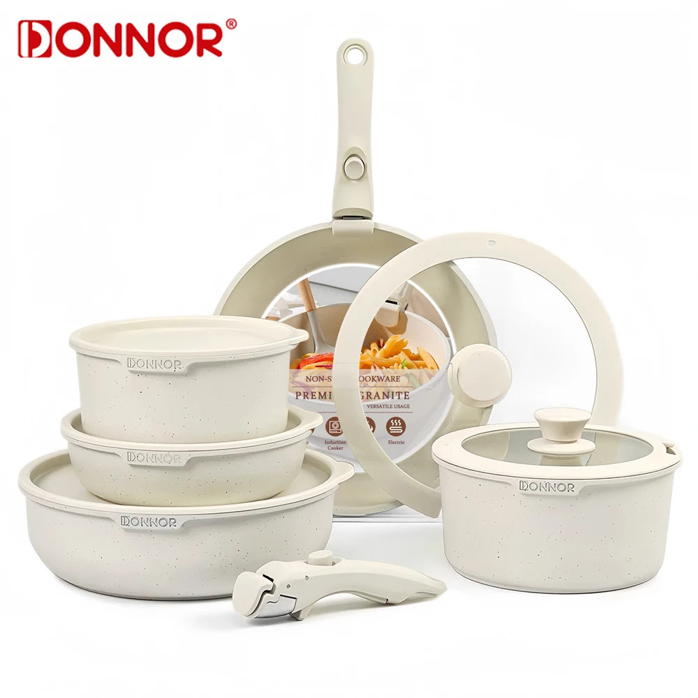 Juego de sartenes antiadherentes DONNOR de 5/17 piezas, no tóxicas, con mango extraíble, de aluminio fundido a presión. Incluye cacerola para leche y cacerola.