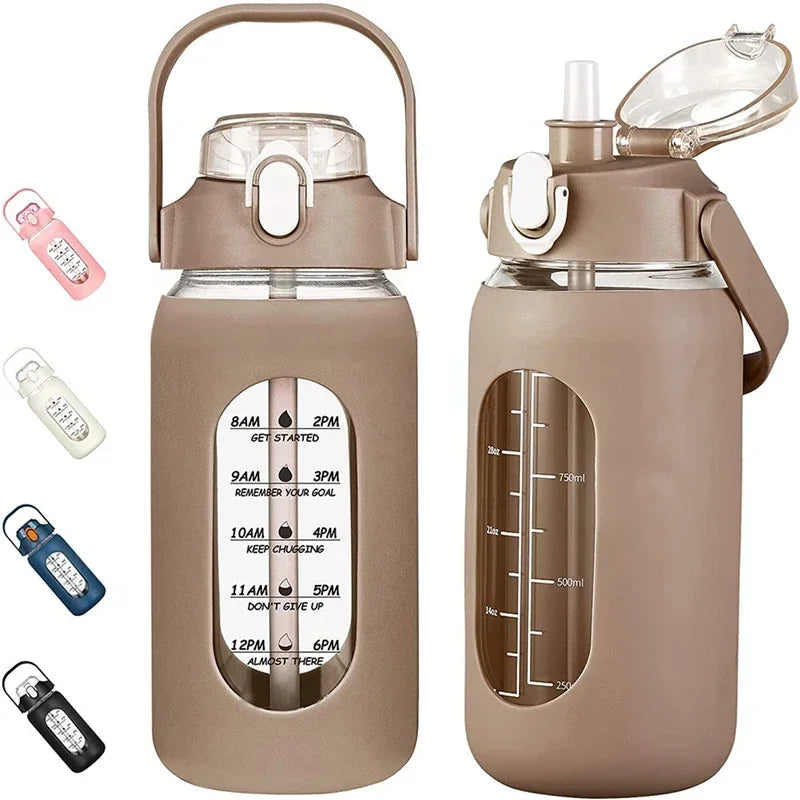 Botellas de agua de vidrio de 1000 ml con pajita, botella de vidrio con funda de silicona y marcador de tiempo, para gimnasio, camping, hogar y oficina.