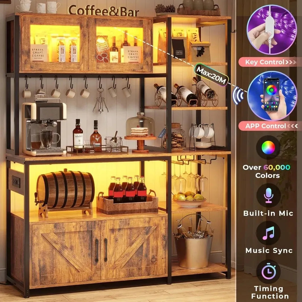45.3 Inch Farmhouse Bakers Rack, Coffee Bar Cabinet with Power Outlet, LED Light & Microwave Storage