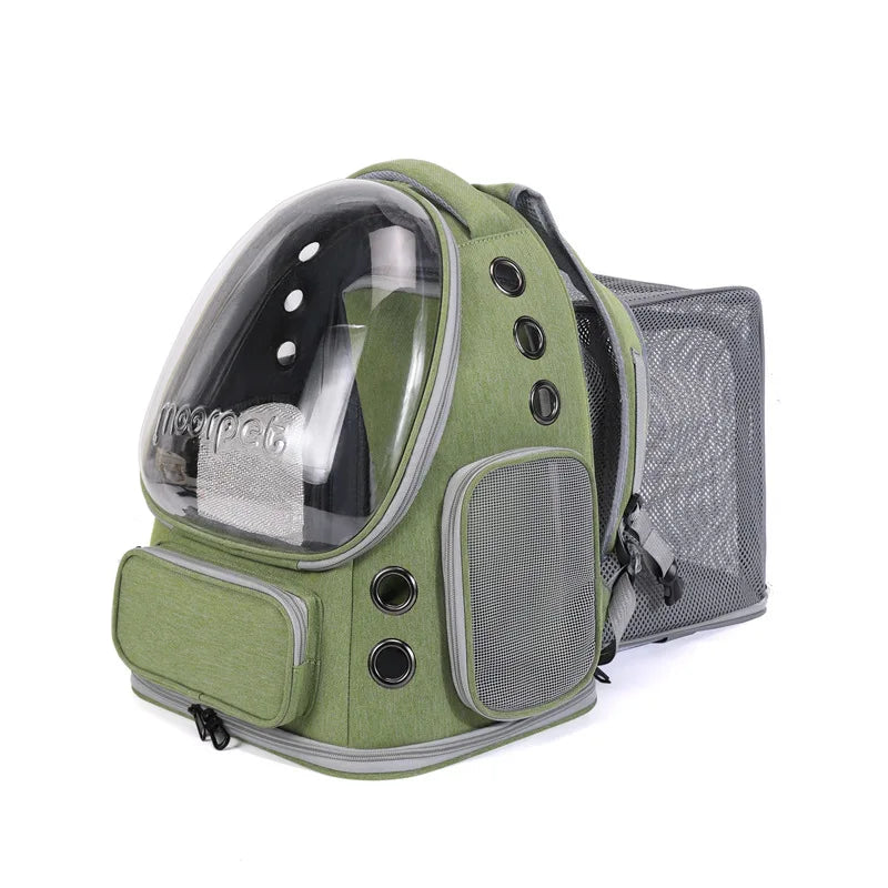Mochila transportadora para mascotas espaciosa y expandible con correas dobles para los hombros y asa superior. Diseño apto para todas las estaciones para un viaje cómodo.