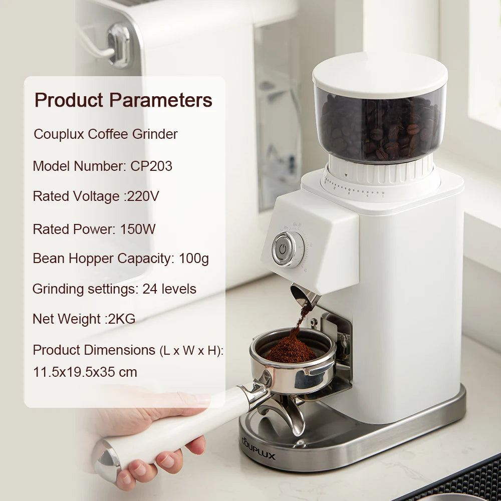 Molinillo de café Couplux, molinillo de granos de café para uso doméstico con molienda precisa, soporte con embudo desmontable (220 V)