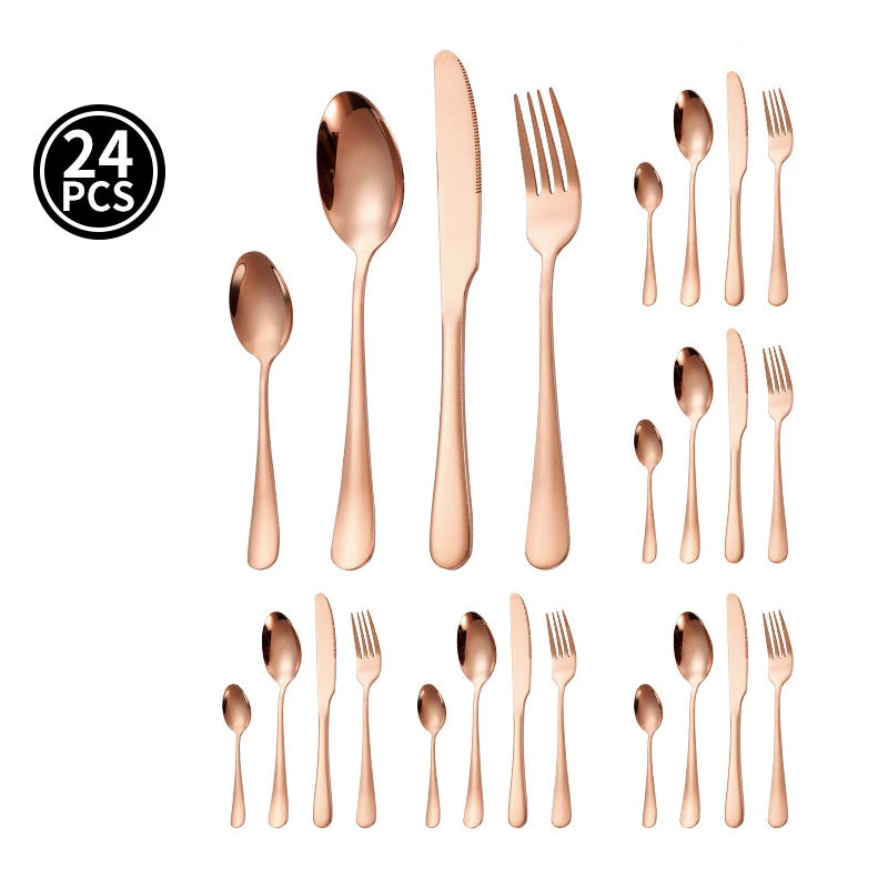 Juego de vajilla dorada de 24 piezas, lujo ligero, acero inoxidable, cubiertos, tenedor, cuchillo, cuchara, vajilla minimalista con caja de regalo.