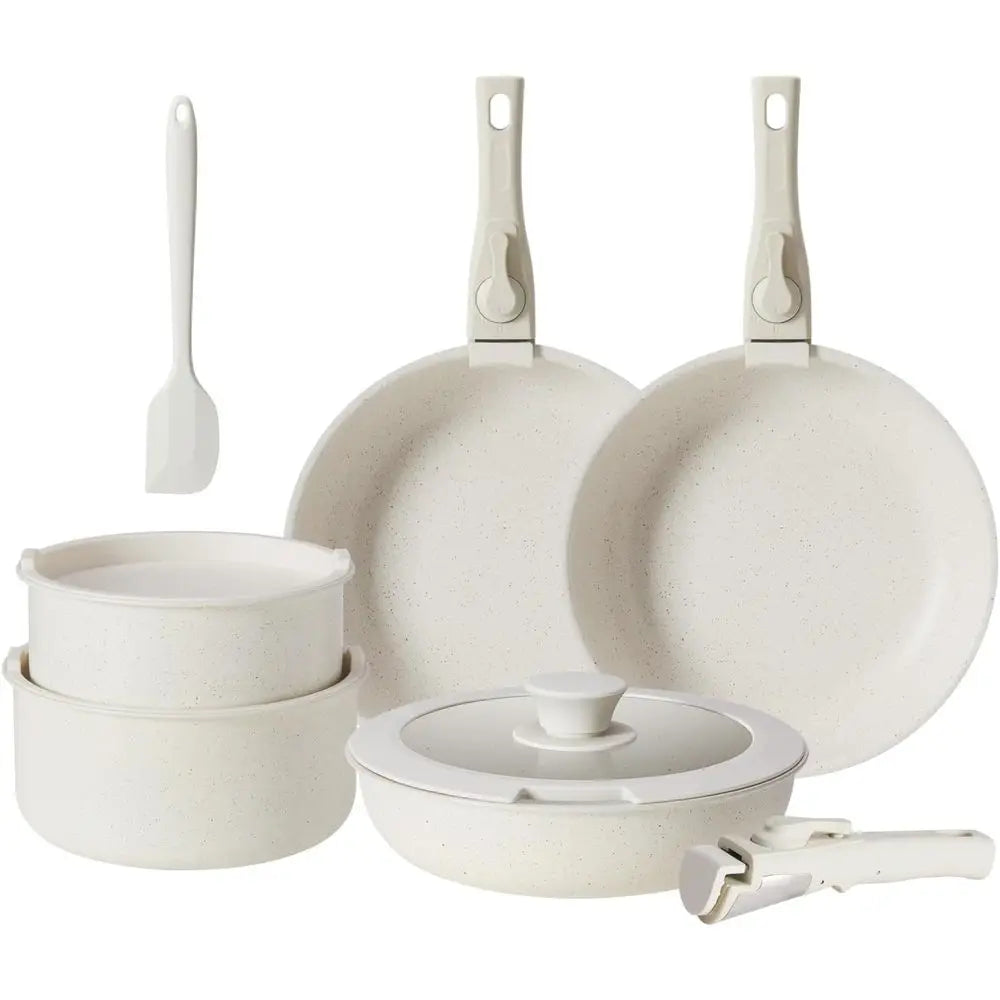 Juego de 12 piezas de utensilios de cocina antiadherentes color blanco crema con mangos desmontables, apto para inducción, lavavajillas y horno.