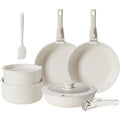 Juego de 12 piezas de utensilios de cocina antiadherentes color blanco crema con mangos desmontables, apto para inducción, lavavajillas y horno.