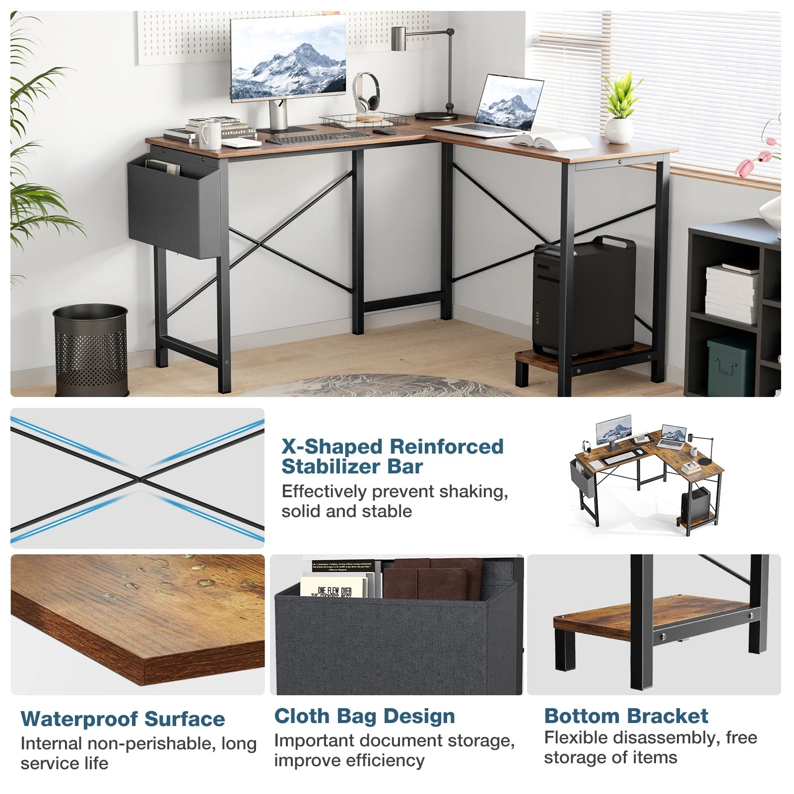 JHK Gaming Corner 50 Inch Office Writing PC Wooden Table with CPU Storage Shelf & Side Bag for Home Office Bedroom Small Space