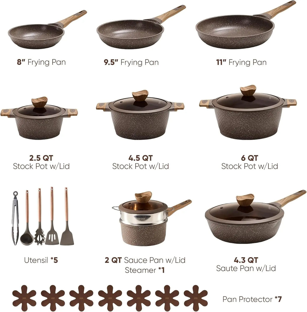 Juego de 26 ollas y sartenes antiadherentes, juego de utensilios de cocina para inducción, cocina antiadherente, libre de PFOA.