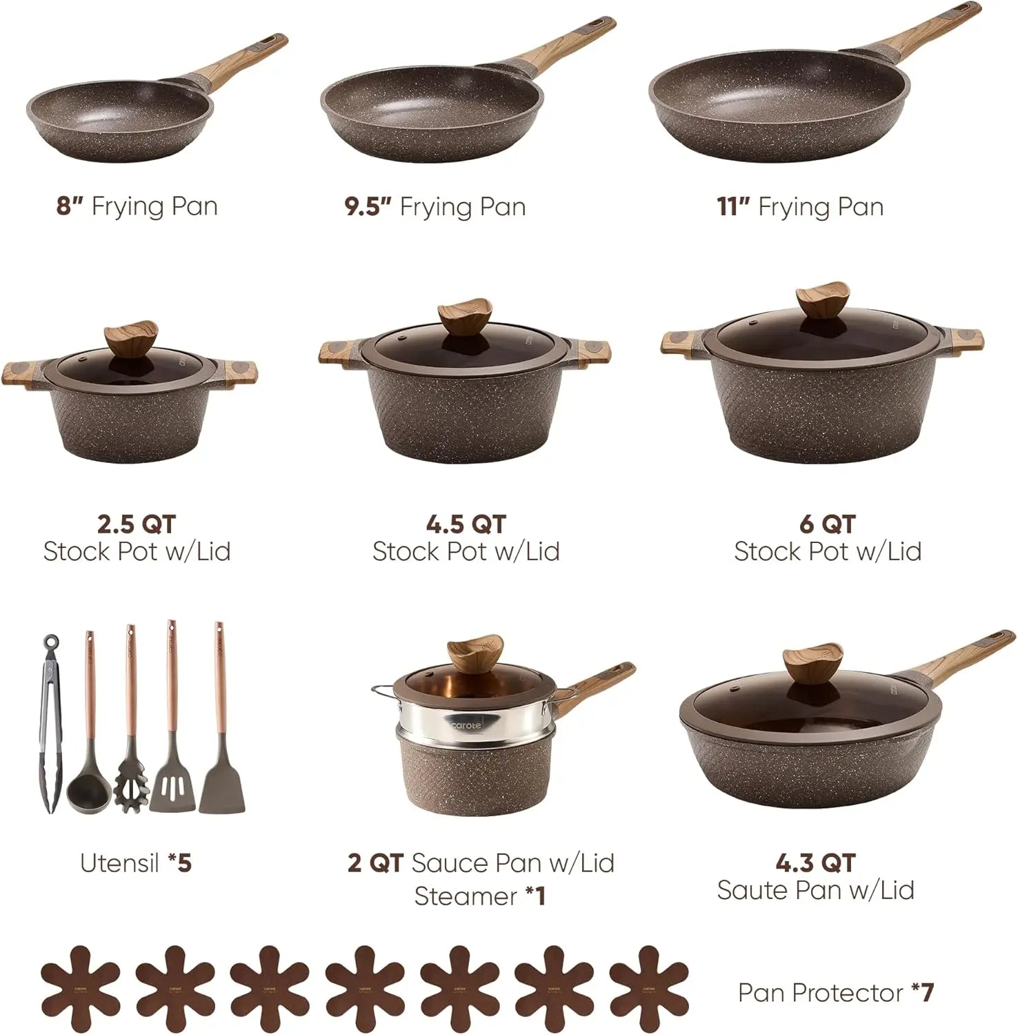 Juego de 26 ollas y sartenes antiadherentes, juego de utensilios de cocina para inducción, cocina antiadherente, libre de PFOA.