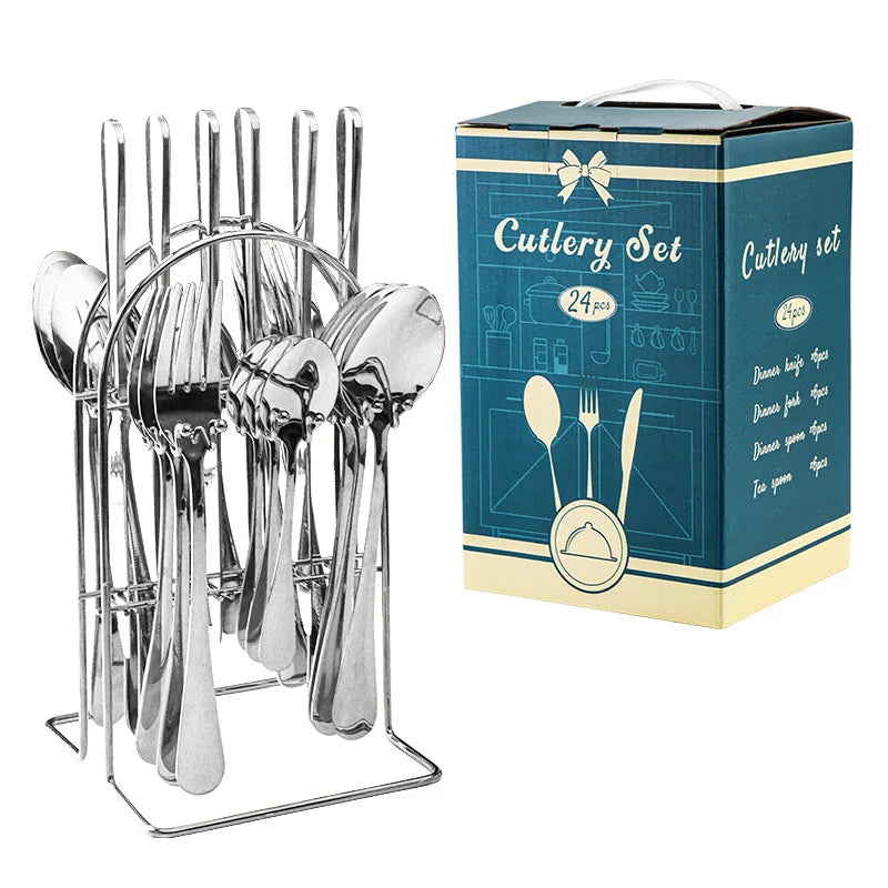 Juego de cubiertos de acero inoxidable de 24 piezas con mango de cerámica y diseño de martillo (cuchillo, tenedor y cuchara). Juego de cubiertos de viaje.