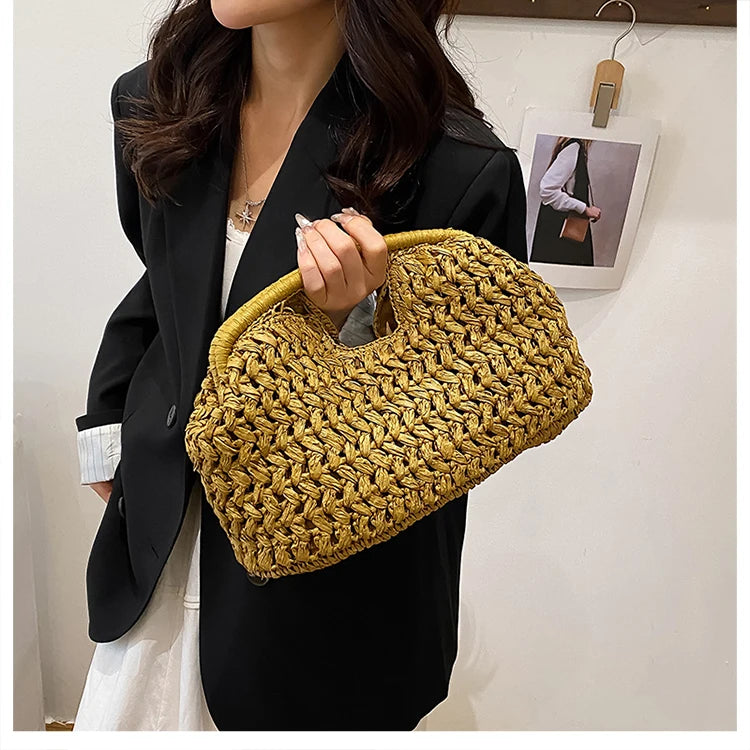 Nuevo bolso de playa de verano para mujer, bolso de mano de lujo de diseñador, bolsos de paja, bolso tote, bolsos de moda de ratán tejido, bolso de viaje para mujer