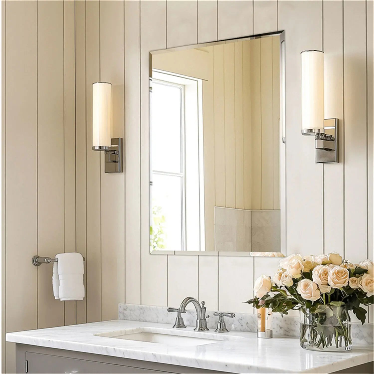 Espejo de pared rectangular sin marco, espejo de tocador, espejo de entrada decorativo con borde plateado biselado para baño, dormitorio, sala de estar y comedor.