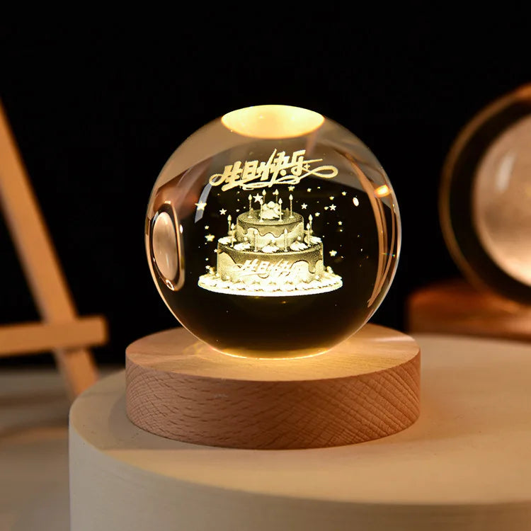 1 Pc Bola de Cristal de 6 cm Lámpara Nocturna Planeta Grabado con Láser Regalo de Cumpleaños Esfera de Vidrio Decoración de Escritorio para el Hogar con Base de Madera y USB