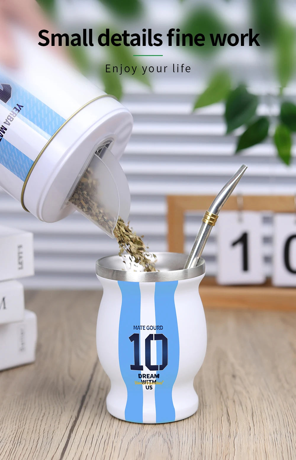 Juego de mate para capitán argentino n.° 10, con calabaza y yerbero, lata de té, bombilla (pajita) y taza de mate.