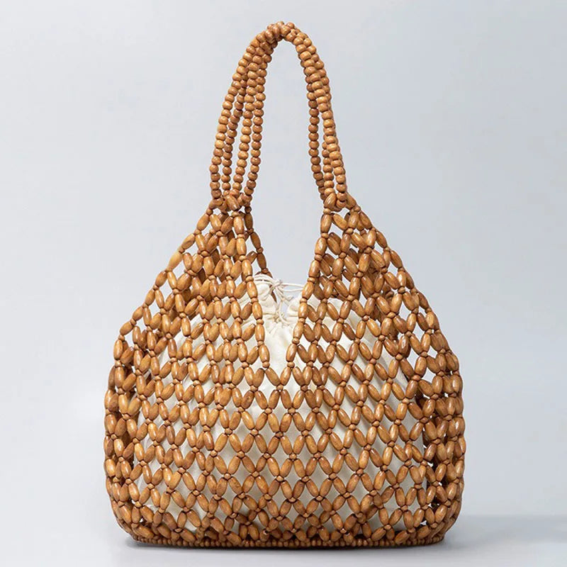 Bolso de mano tejido a mano con cuentas para mujer, exquisito bolso de hombro de madera calada con cuentas, bolso de playa femenino