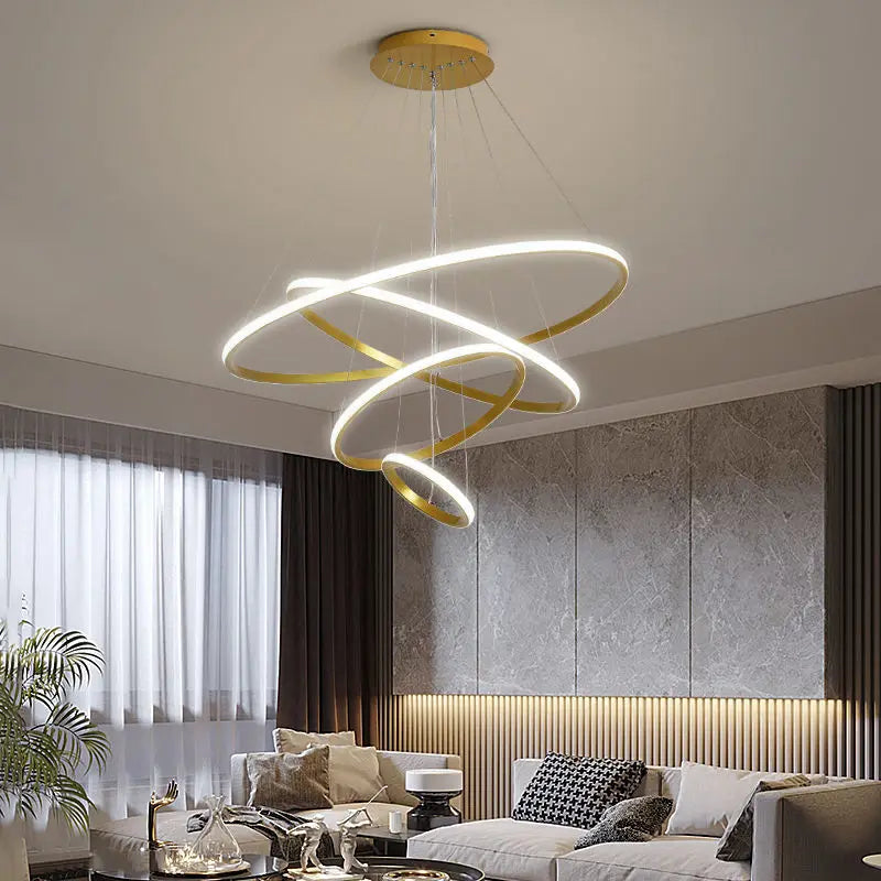 Lámpara colgante moderna con anillos LED circulares, araña de techo negra, ideal para lofts, salas de estar, comedores y cocinas. Iluminación interior.