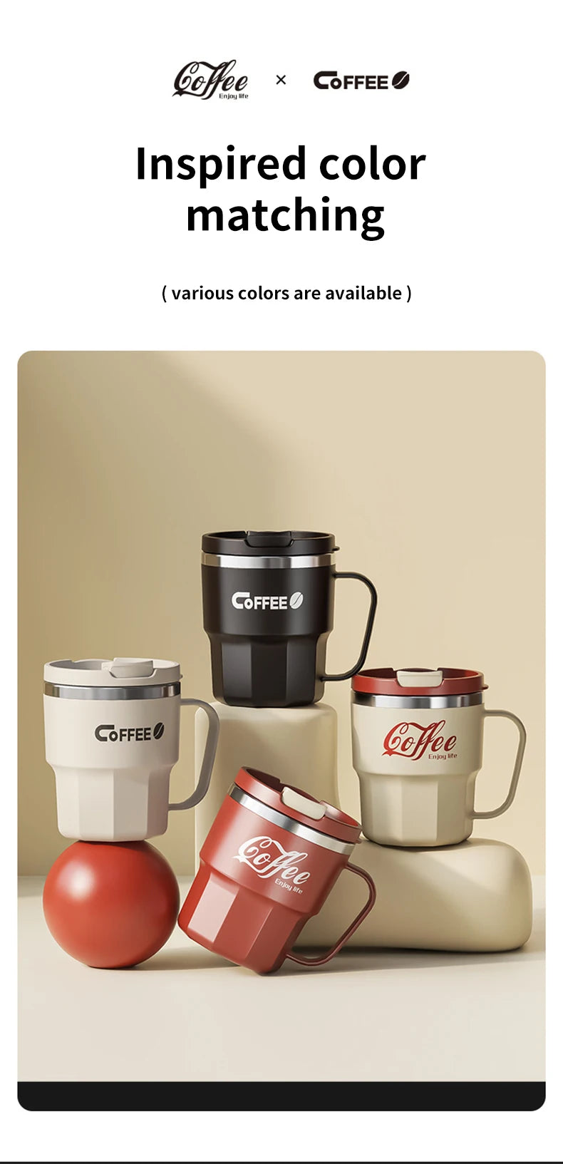 Taza de café WORTHBUY con tapa y asa, de acero inoxidable 304, para té, leche y café, con doble pared aislante y protección anti-quemaduras.