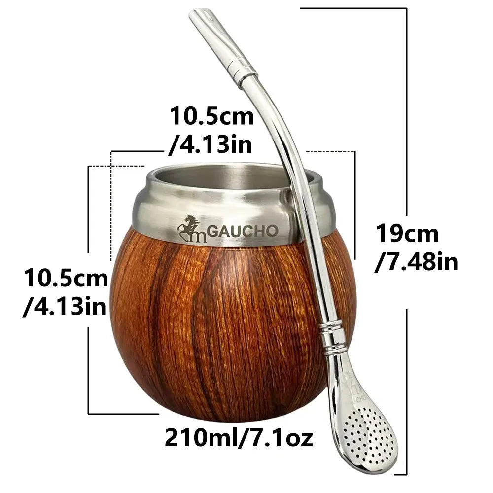 Juego de mate Gaucho Yerba Mate de acero inoxidable con forma de calabaza, 210 ml, aislamiento térmico, filtro extraíble, pajita, bombilla y cepillo de limpieza.