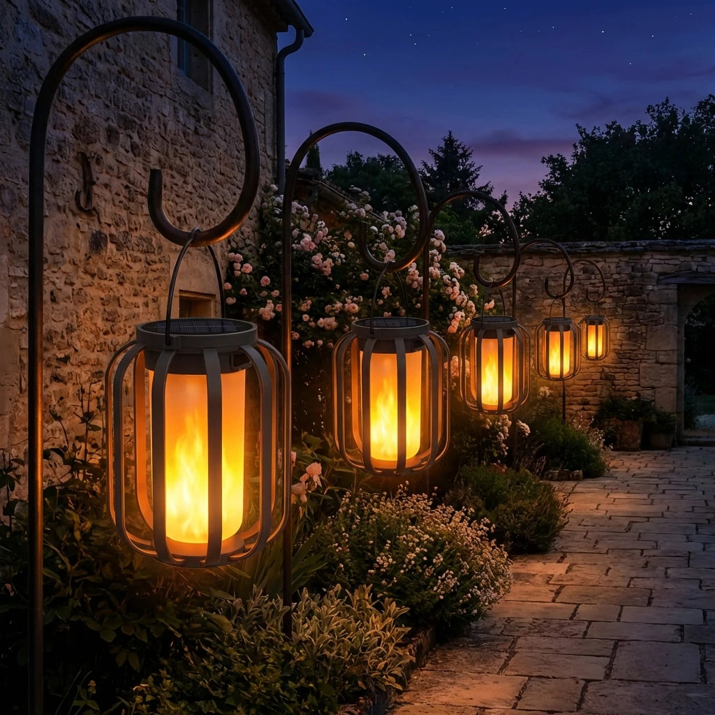 Faroles solares con luz de llama parpadeante, luces solares para jardín, escritorio, camping, impermeables, colgantes, patio y jardín.