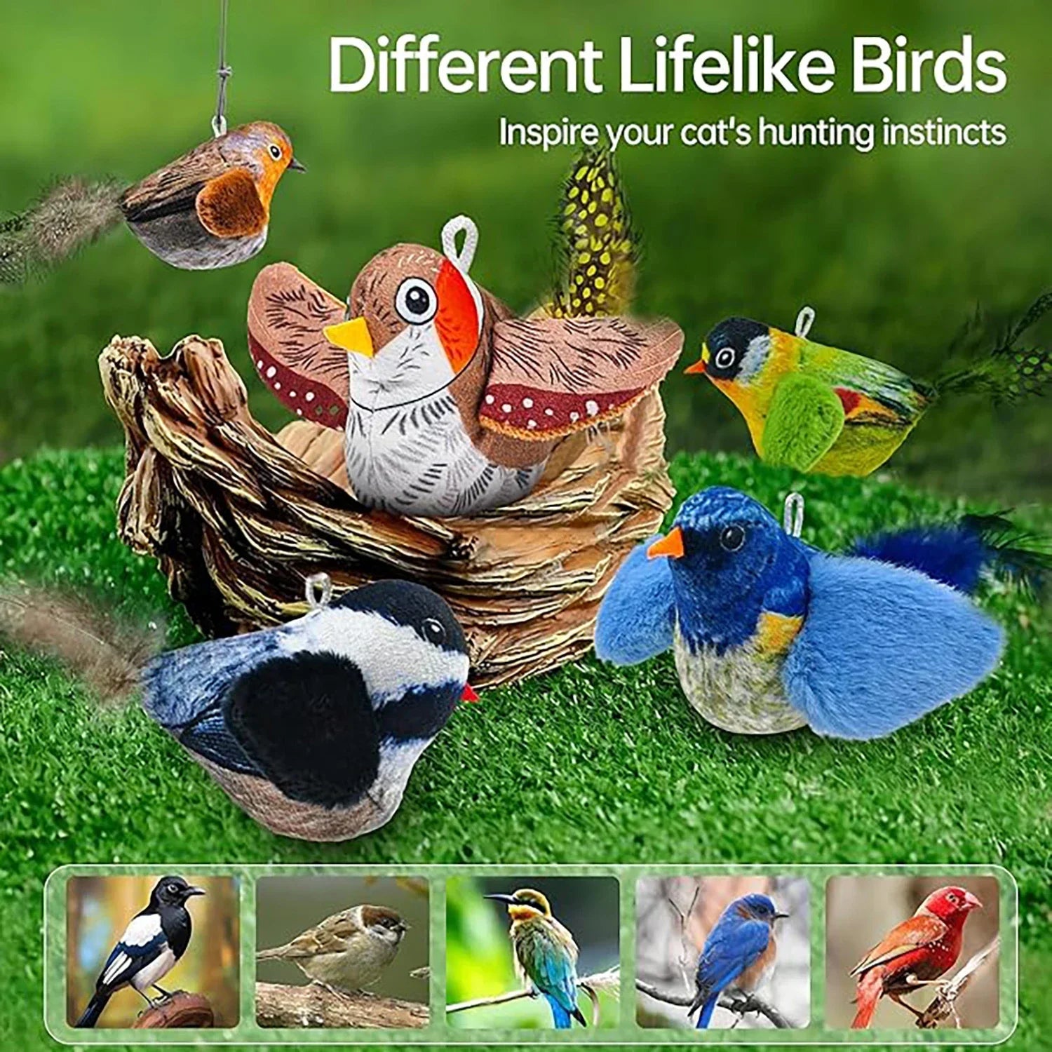 Juguete interactivo de pájaros para interiores para gatos, juguete para perseguir y provocar, juguete con sonido de hierba gatera, juguete divertido para gatos, juguete colgante de pared con forma de pájaros.