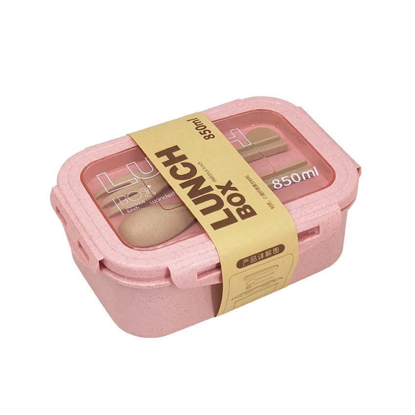 Caja de almuerzo de 1100ML para niños, escuela, adultos, oficina, de paja de trigo, apta para microondas, picnic, almacenamiento, portátil, gran caja bento con cuchara y palillos