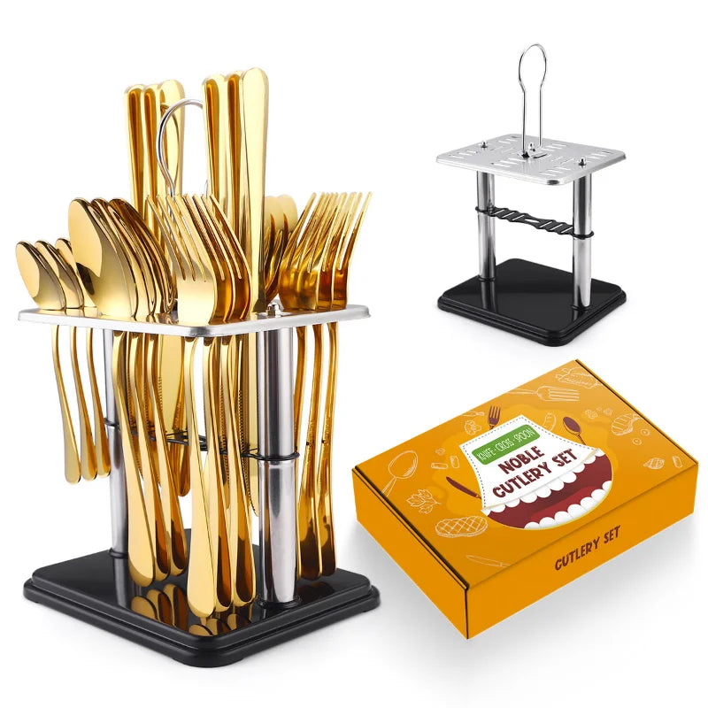 Juego de cubiertos de acero inoxidable de 24 piezas con mango de cerámica y diseño de martillo (cuchillo, tenedor y cuchara). Juego de cubiertos de viaje.