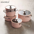 Juego de 9 piezas de utensilios de cocina rosas con revestimiento cerámico antiadherente. Sartén y cacerola aptas para inducción. Compatible con todo tipo de cocinas.