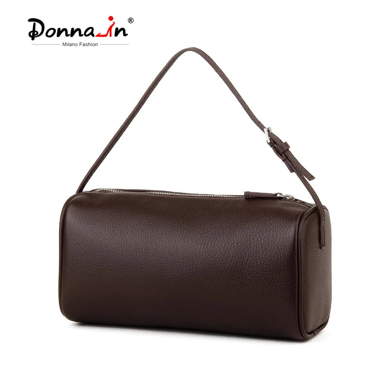 Bolso mini Donna-in de piel de becerro de grano completo para mujer, de piel auténtica con correa para el hombro, bandolera con forma de barril.