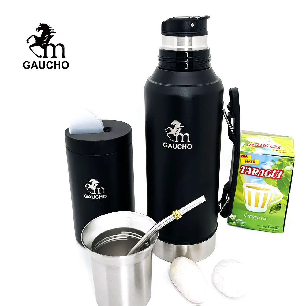 1 juego/lote de kits de viaje de yerba mate Gaucho que incluyen termo de acero inoxidable, taza de calabaza, bombilla, pajita, lata de té y separador de filtro.