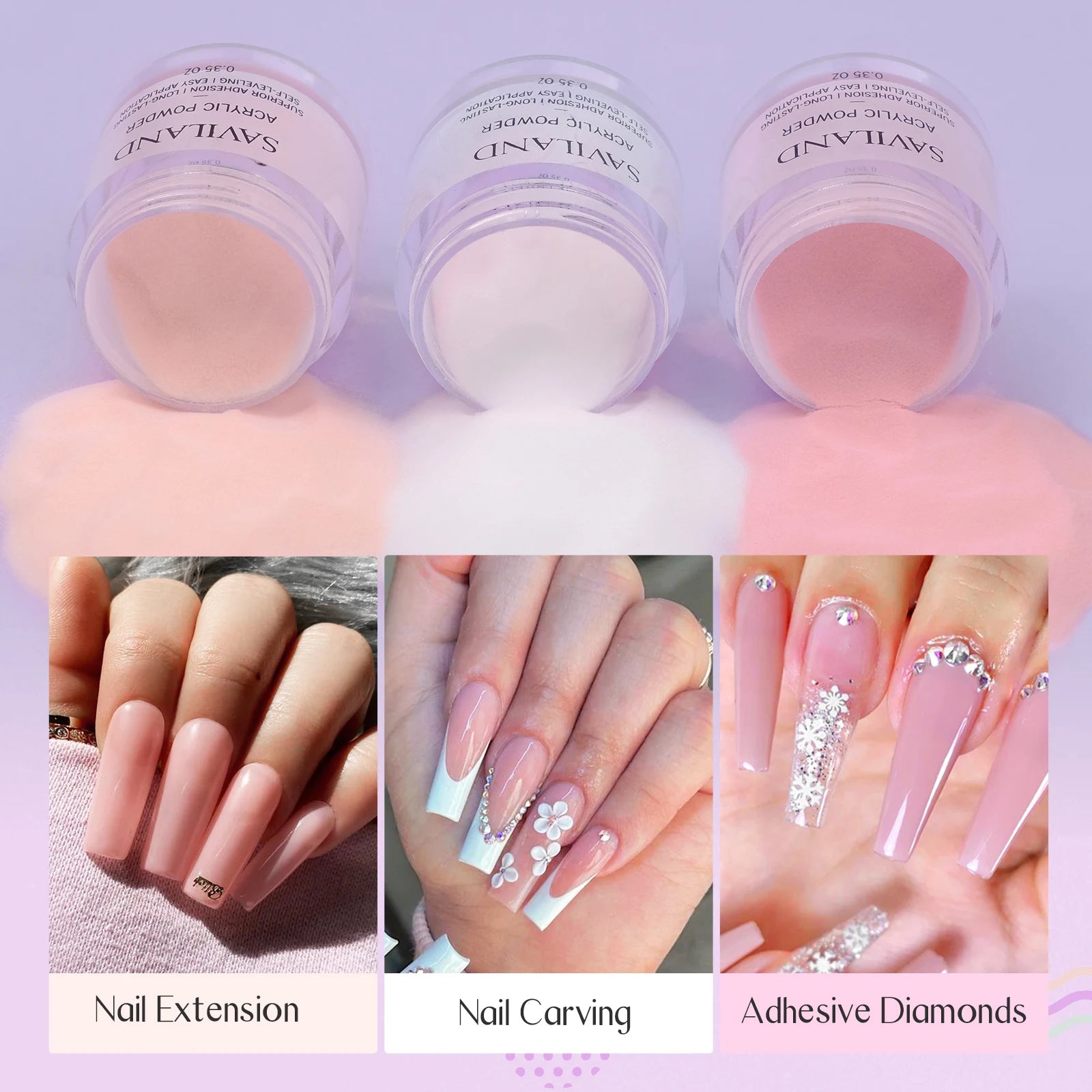 Kit de uñas acrílicas Saviland, 3 colores: rosa, nude, transparente, polvo líquido, con pincel, moldes y recipiente para extensiones de uñas y manicuras.