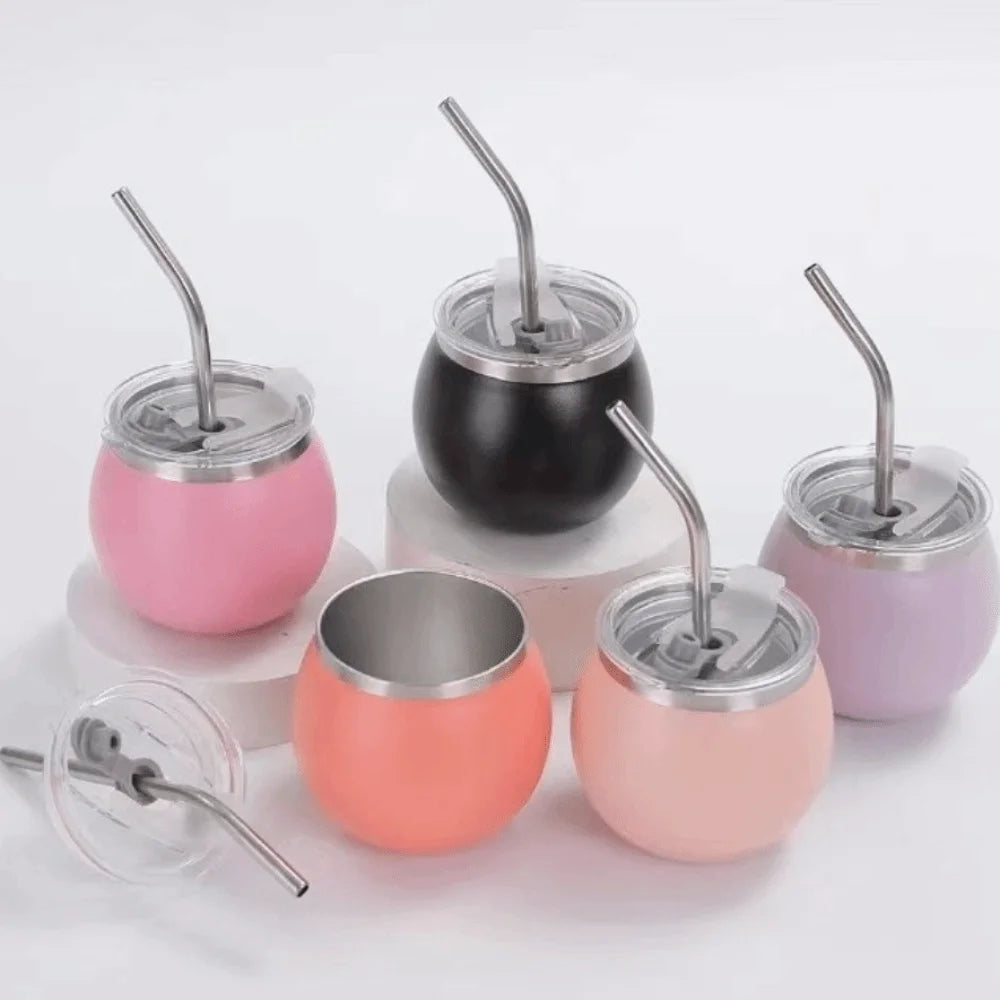 Mate argentino de doble pared de 148 ml (5 oz) de acero inoxidable con aislamiento térmico, pajita y tapa. Ideal para exteriores.