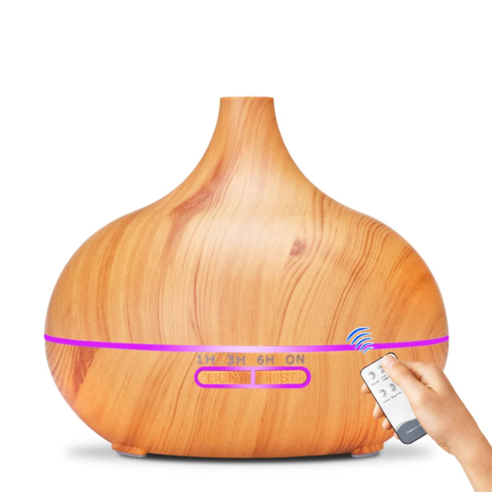 Difusor de aceites esenciales para aromaterapia con acabado de madera, control remoto, humidificador de aire ultrasónico, luz LED de 7 colores.