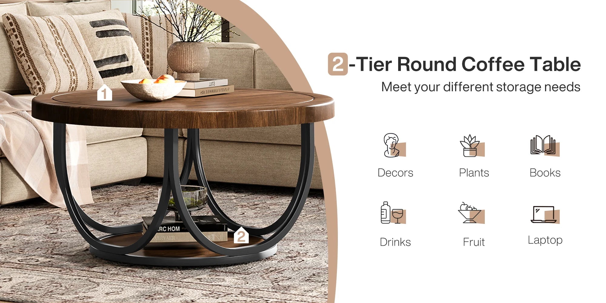 Tribesigns Round Coffee Table with 2 Tiers, 80 cm Wooden Circle Accent Cocktail Table with Storage Shelf and Metal Frame