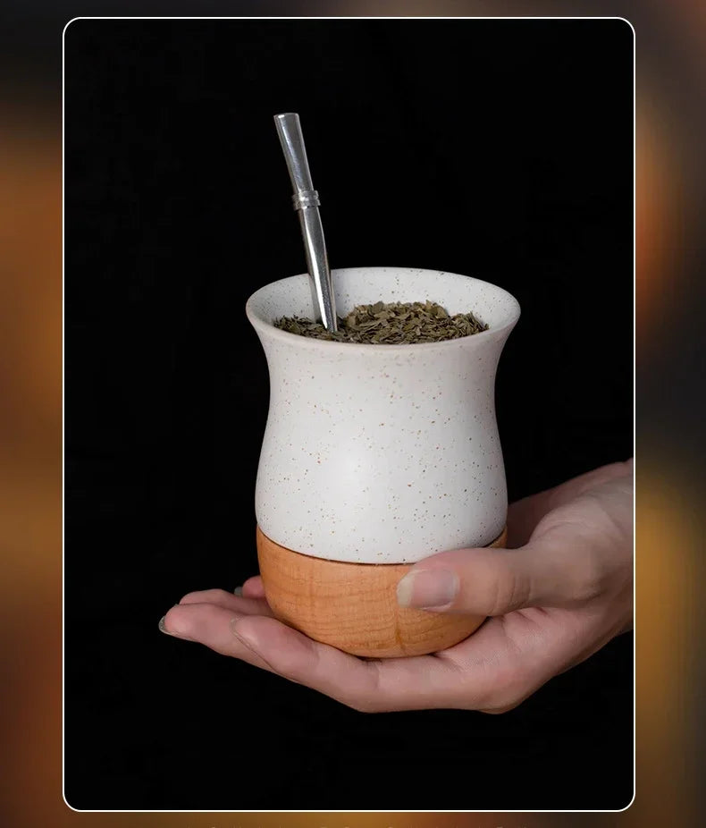 Mate   de acero inoxidable y cerámica con pajita 260 ml, cuchara y base de madera para leche, agua y té.