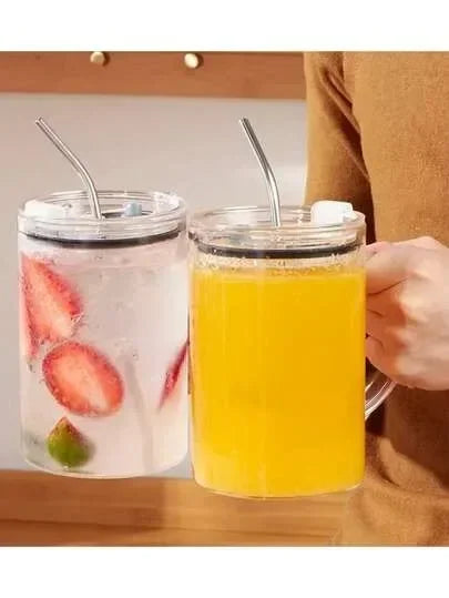Vaso de vidrio de 1000 ml con tapa y pajita. Taza de café de vidrio transparente. Tazas para jugo, moca, leche y jugo.