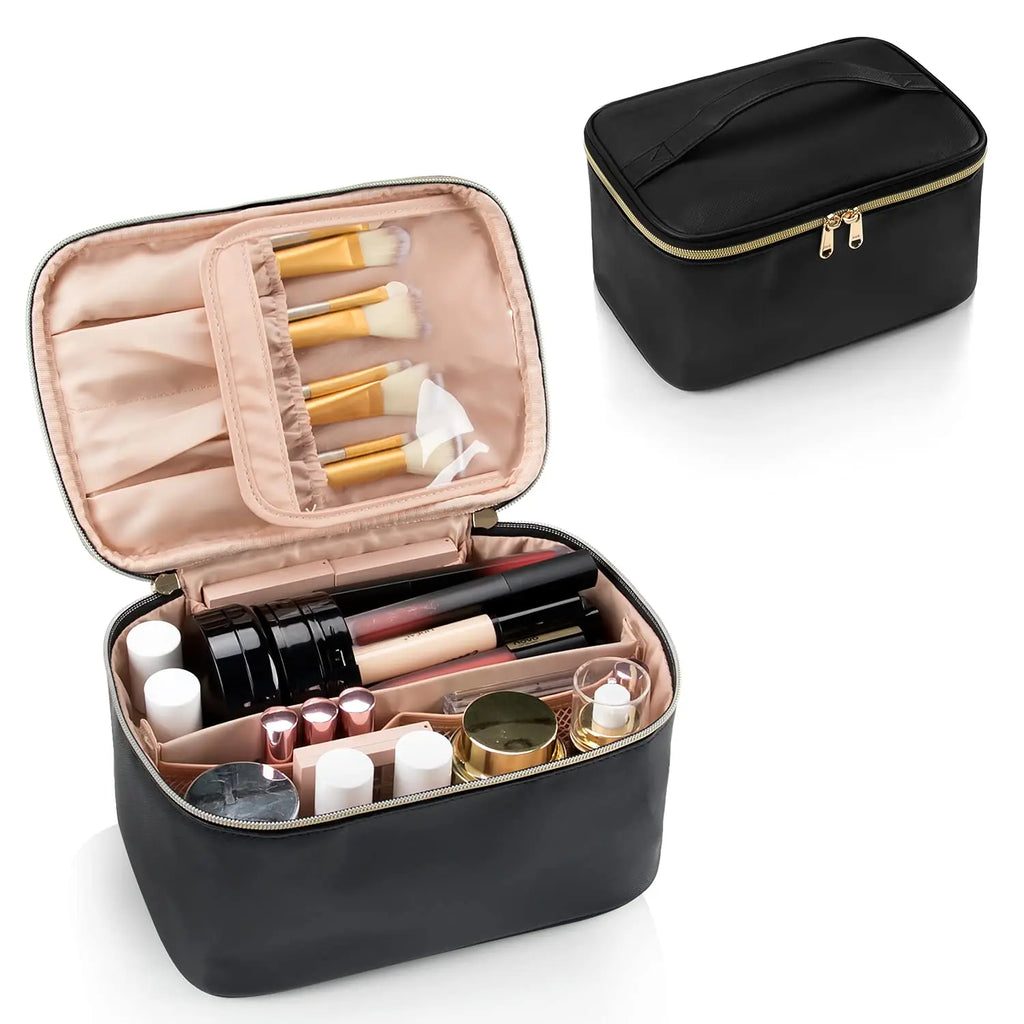 Neceser portátil de gran capacidad para maquillaje de viaje, organizador de maquillaje negro para mujeres, neceser para niñas que viajan.