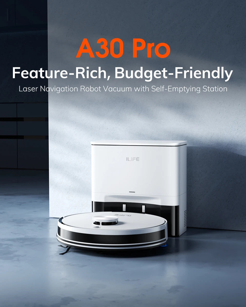 ILIFE A30 PRO, aspiradora y fregona robot con potencia de succión de 5000 Pa, vaciado automático, capacidad para 60 días, control por aplicación/mando a distancia, autonomía de 180 minutos.