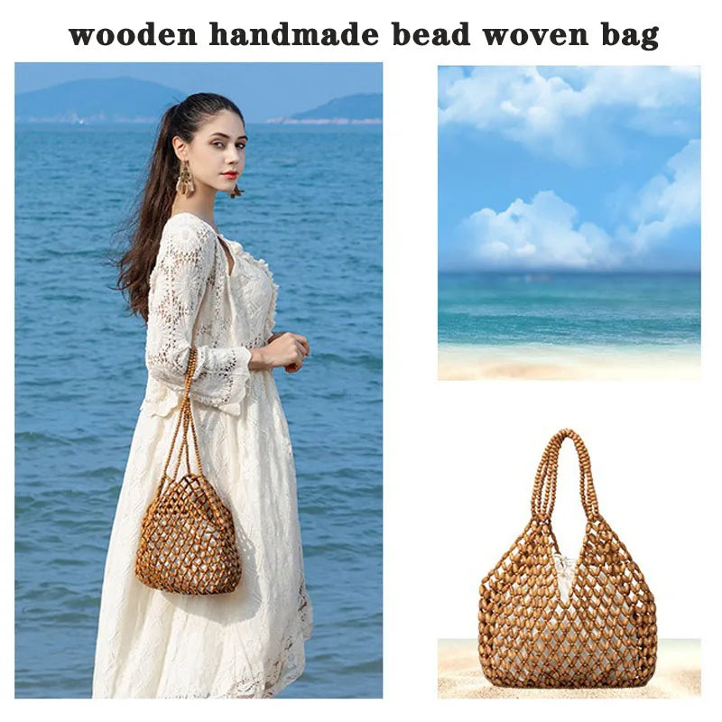 Bolso de mano tejido a mano con cuentas para mujer, exquisito bolso de hombro de madera calada con cuentas, bolso de playa femenino