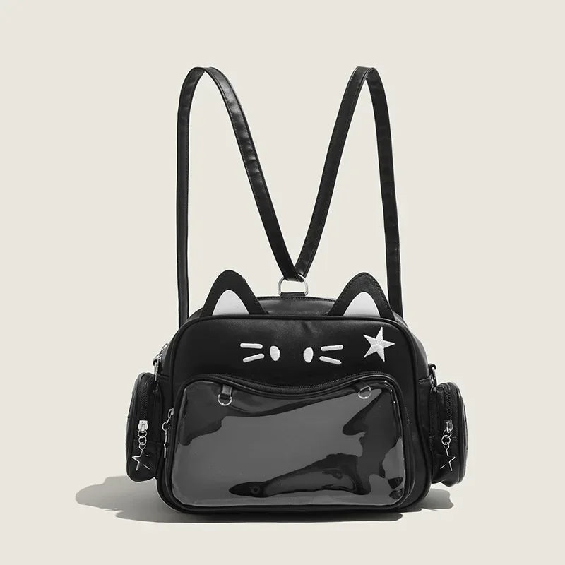 Mochilas de moda para mujer Y2K estilo coreano/japonés Kawaii con gato, bolso Ita de PU, lindas chicas, bolsillo transparente, estéticas, bolsos de hombro y bandolera