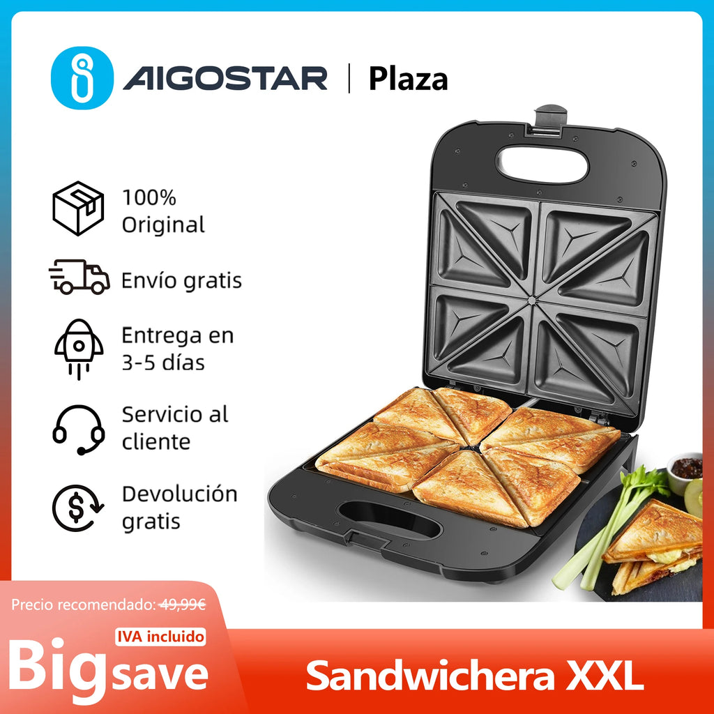 Sandwichera XXL para 4 sándwiches, revestimiento antiadherente, calentamiento rápido, indicador LED, libre de BPA, 1400 W