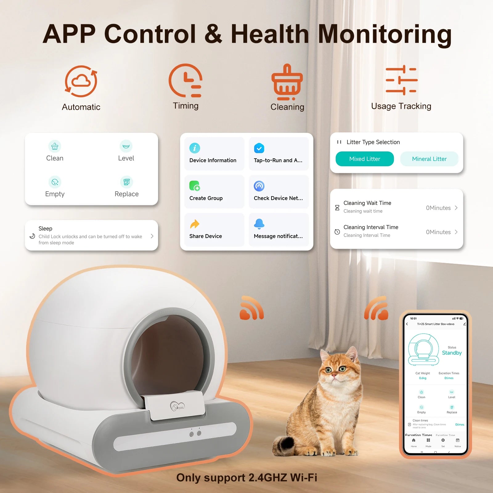 Arenero autolimpiable DOEL de 65 litros con control por aplicación, compatible ÚNICAMENTE con WiFi de 2,4 GHz, incluye alfombrilla para arena y bolsas de basura, apto para arena tipo tofu y mixta.