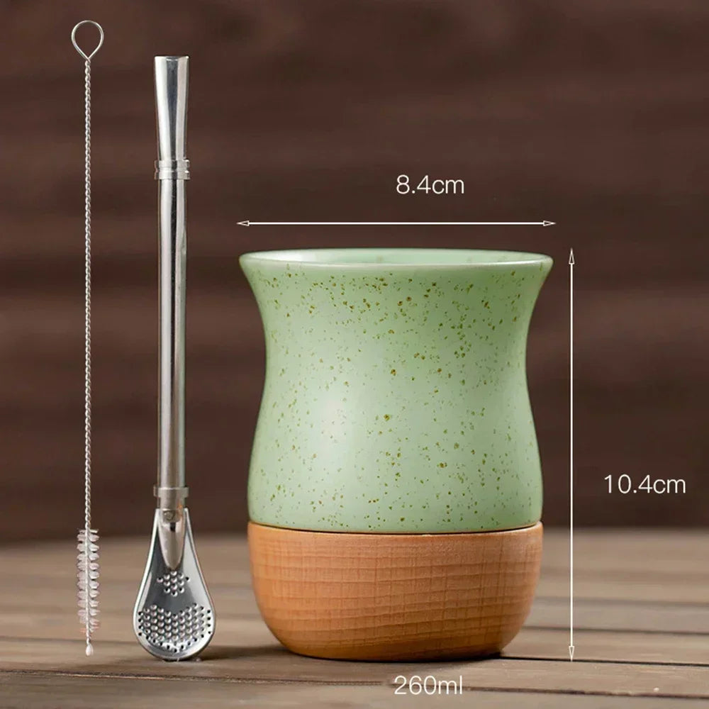 Mate   de acero inoxidable y cerámica con pajita 260 ml, cuchara y base de madera para leche, agua y té.