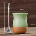 Mate   de acero inoxidable y cerámica con pajita 260 ml, cuchara y base de madera para leche, agua y té.