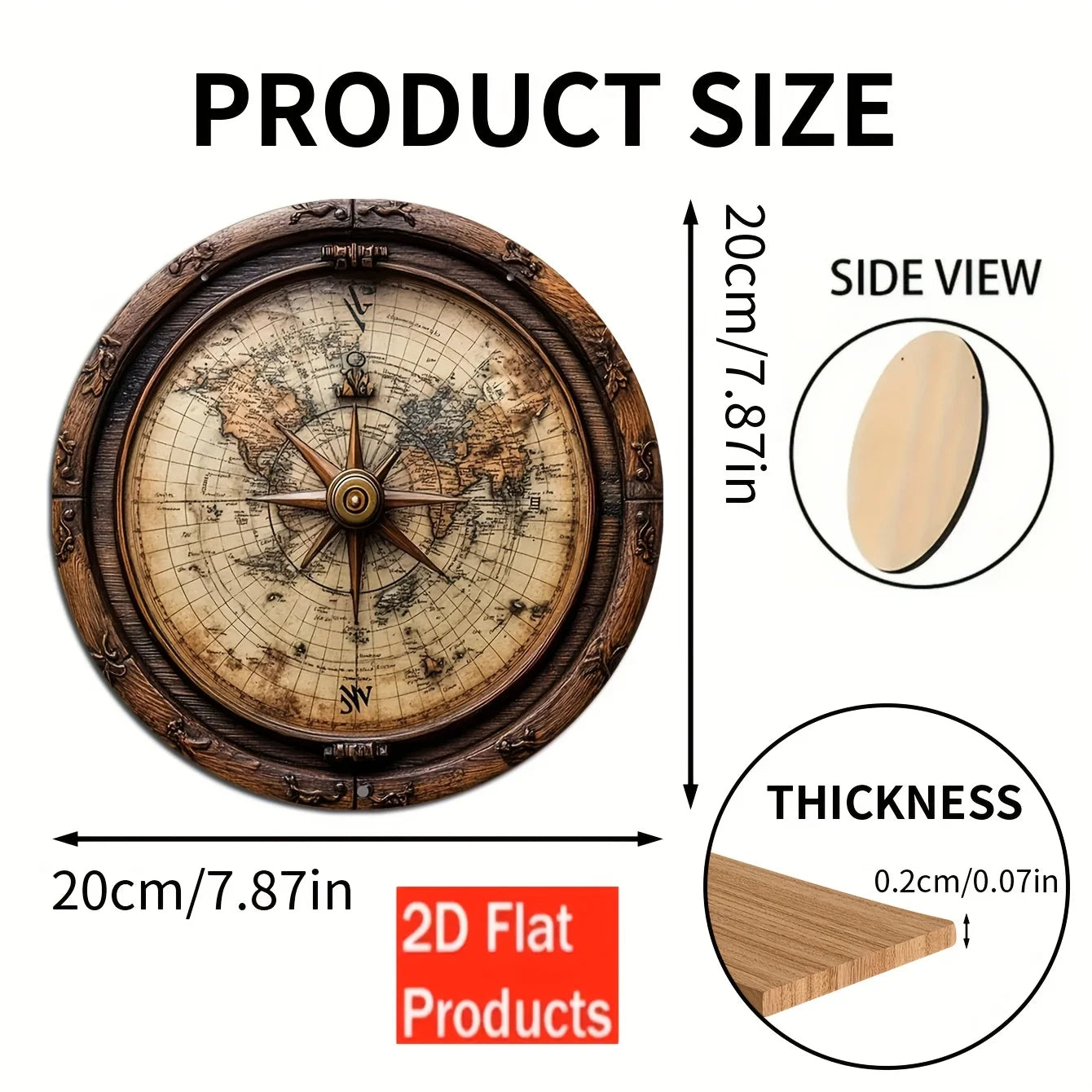 Mapa náutico vintage del mundo, arte de pared de madera - Placa redonda de madera de 8x8 pulgadas con rosa de los vientos, decoración costera para sala de estar u oficina.